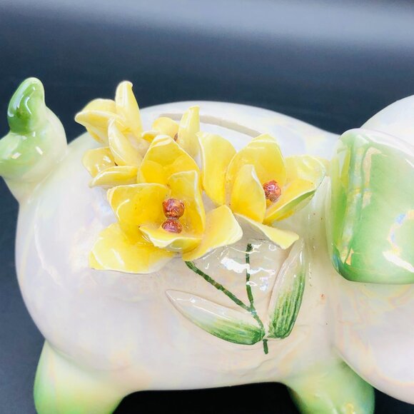 Vintage NORCREST Iridescent Piggy Coin Bank, Green Lusterware, 3D Yellow Flowers - Picture 5 of 12